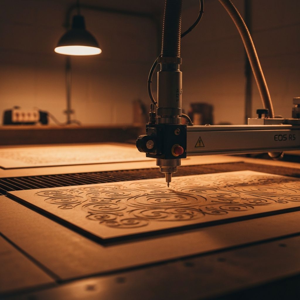 Oficina de corte a laser com maquina gravando MDF